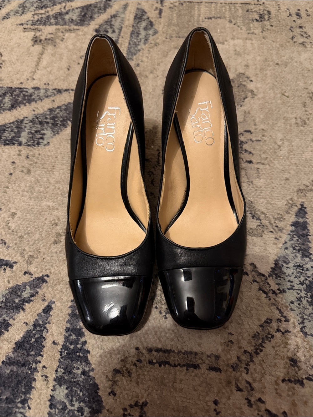 Franco Sarto Black Leather Pumps with Patent Cap Toe